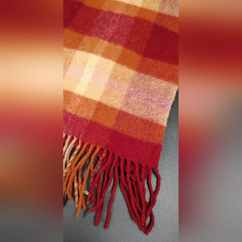 Checked Fringe Scarf in Red and Orange Men's Womens Unisex - Picture 6 of 10